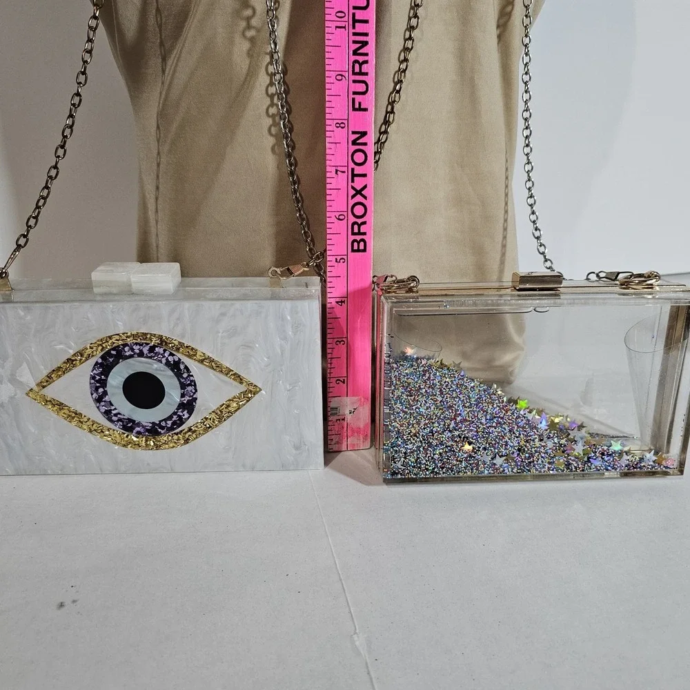 Lot 2 White Acrylic Purse Blue Evil Eye & Glitter Bomb Chain Shoulderbag Clutch